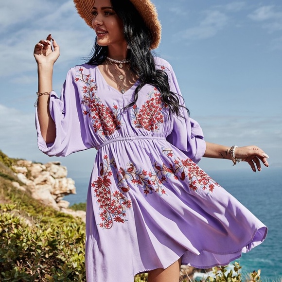 Dresses & Skirts - lilac floral print embroidered v neck spring dress